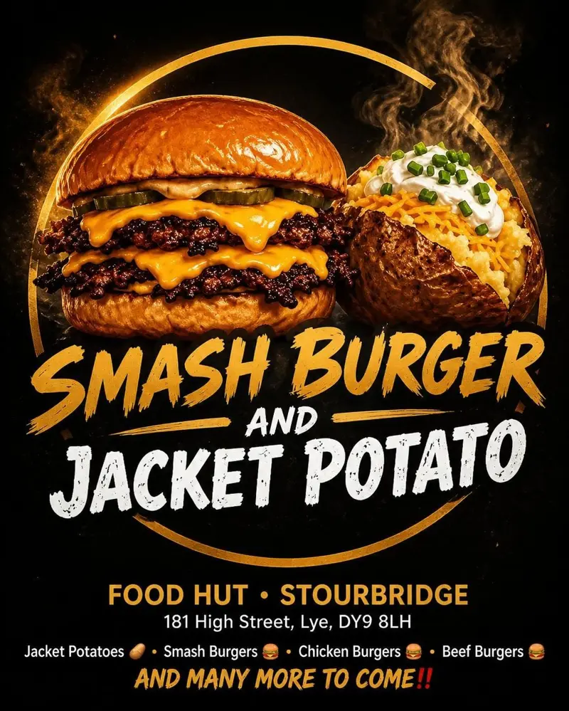 Spudsnsmash poster: a double cheese smash burger next to a loaded jacket potato with sour cream and chives